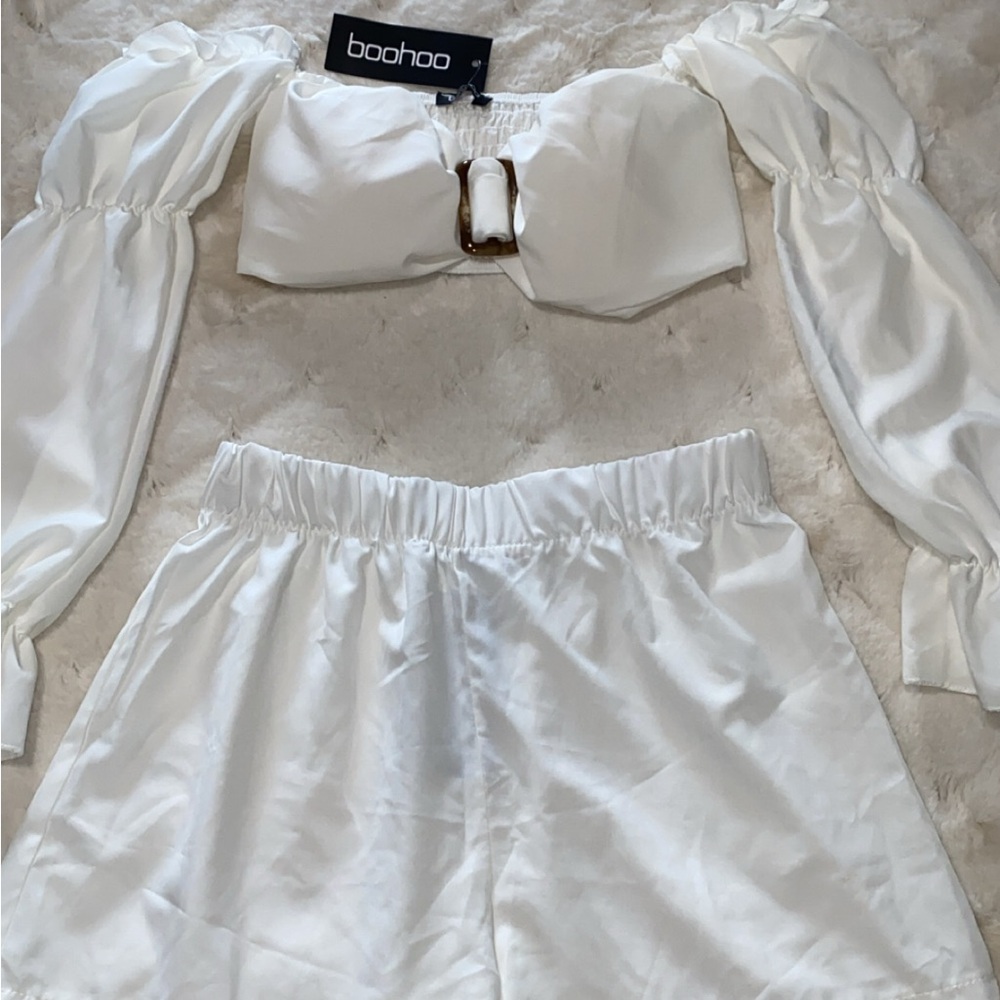Boohoo White Satin Puff Sleeve Crop Top & High-Waist Shorts Set